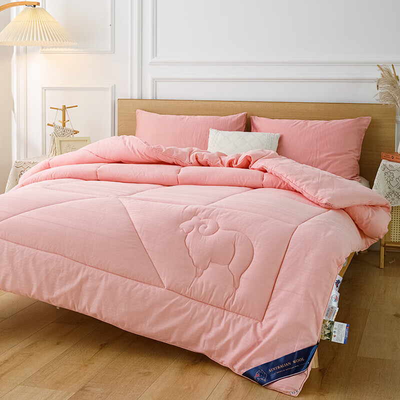 恒源祥澳洲进口羊毛被羊毛被子冬被加厚保暖全棉春秋被芯双人被褥 粉玉 200x230cm【9.5斤厚冬被】