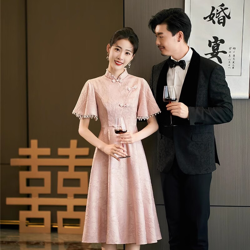 烏拓禮服訂婚懷孕秋孕婦敬酒服新娘中式旗袍大碼胖mm遮肚子冬季粉色伴 粉紅色X0426-短袖 2XL