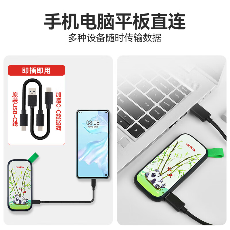 闪迪（SanDisk）移动固态硬盘国风熊猫版 Type-C USB3.2接口小巧便携 2T读速高达800MB/s