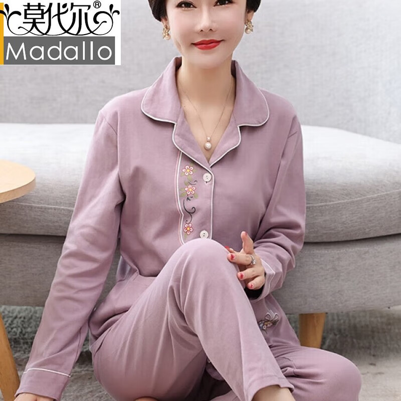 莫代尔中老年妈妈睡衣女春秋款纯棉长袖宽松加大码新款家居服夏薄款套装 Y2893(主图款) M 适合80-100斤