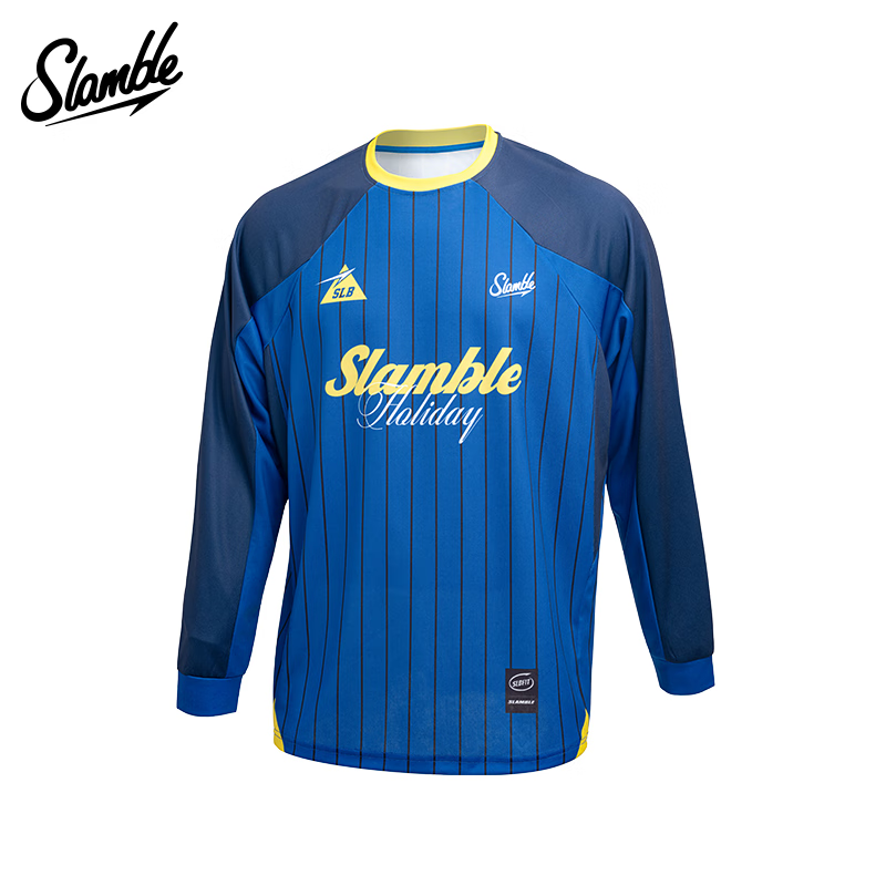 SLAMBLE男生运动长袖T恤撞色拼接插肩袖健身训练美式球衣投篮服 藏青拼宝蓝 L