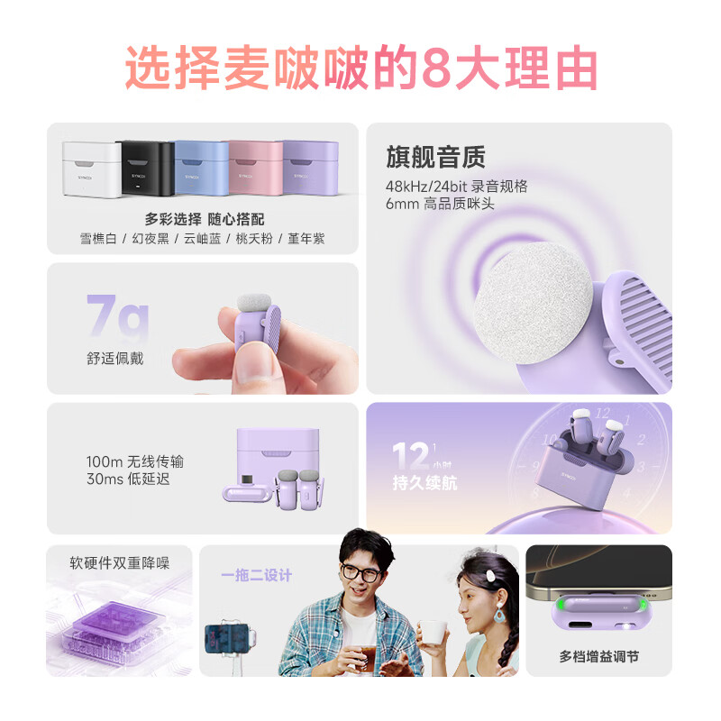 声刻（SYNCO）麦啵啵 迷你无线麦克风夹领式迷你直播设备麦手机采访收音降噪 堇年紫 一拖二(带充电盒)