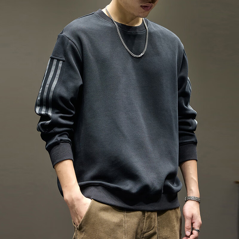 新百伦高端重磅卫衣男士秋冬新款圆领长袖t恤加绒加厚外套男内搭打底衫 1334黑色 常规 XL 码【合适145-160斤】