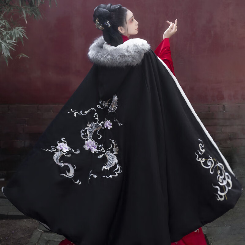 抒融汉服斗篷冬季男栾凰男女龙年披风加绒加厚保暖黑色秋冬古风大氅