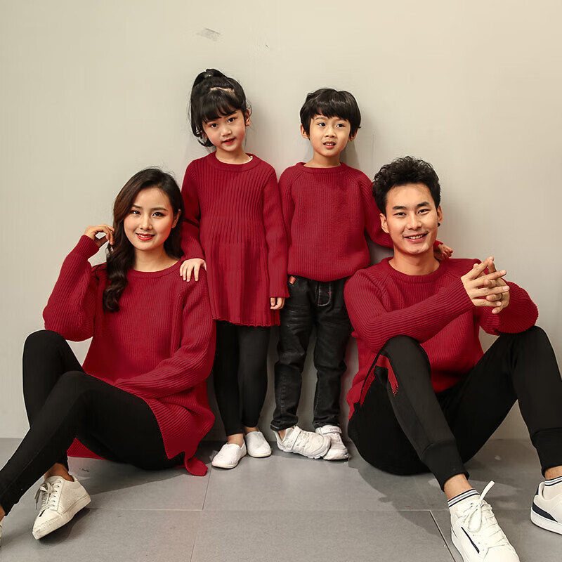 雷姆汀子装秋冬毛衣新年一家三口四口全家装母女针织衫红色全家福拍照