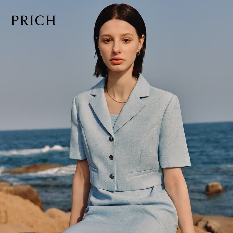 PRICH航海系穿搭气质小香风假两件蓝色连衣裙肌理通勤鱼尾裙女士 50蓝色（尺码偏小） M 165