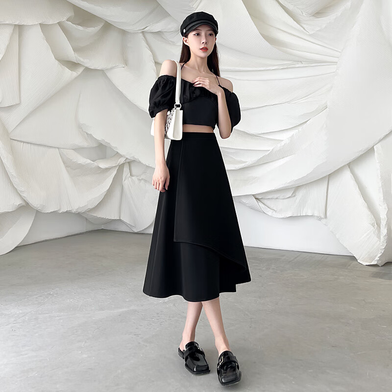 雷黛茜胖mm半身裙女2024春夏新款大码遮肉胯宽腿粗a字半身裙显瘦西装裙 黑色 S