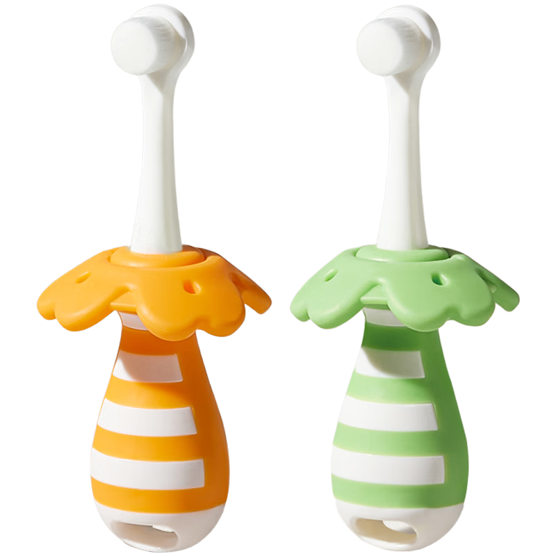 葆氏儿童牙刷1-3-12岁软毛宝宝乳牙训练防卡喉挡板防滑手柄-黄绿2支装