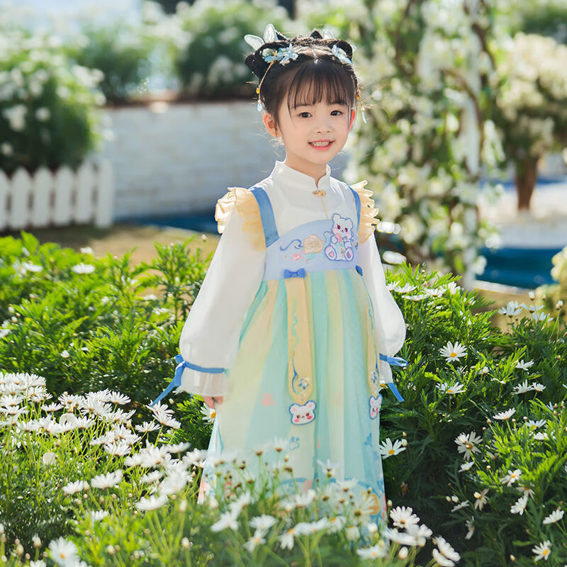 泊成筱儿童汉服女童春秋童装改良公主裙可爱长袖超仙小熊襦裙 蓝白