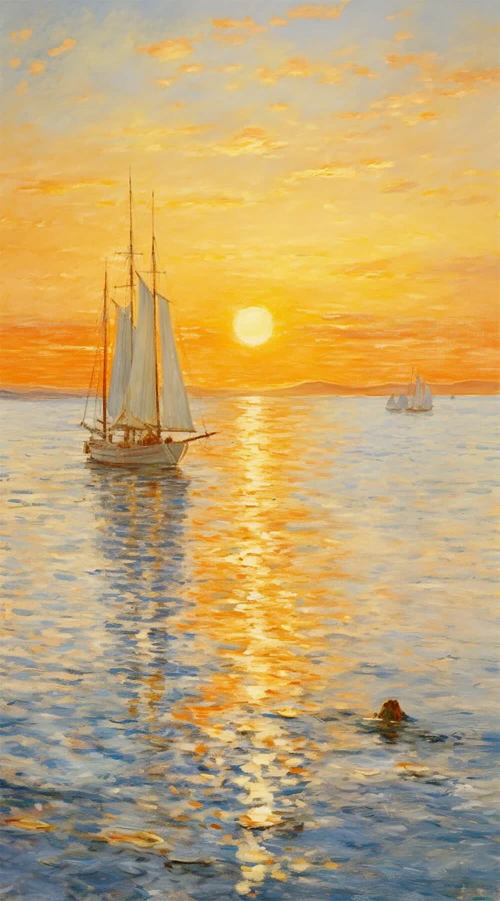 一帆风顺奶油风手绘油画海上日出客厅装饰画肌理抽象风景玄关挂画