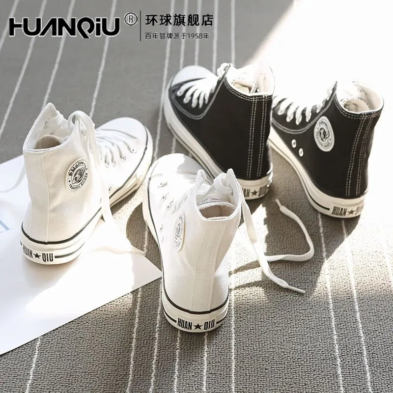 环球女鞋帆布鞋女鞋高帮2025新款夏季透气轻便学生小白鞋低帮黑色板鞋 经典黑色-高帮 38