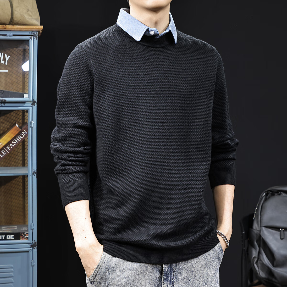新百伦毛衣男士秋冬季内搭假两件针织衫保暖舒适毛线衣男装 黑色 常规 XL 码【建议130-145斤】