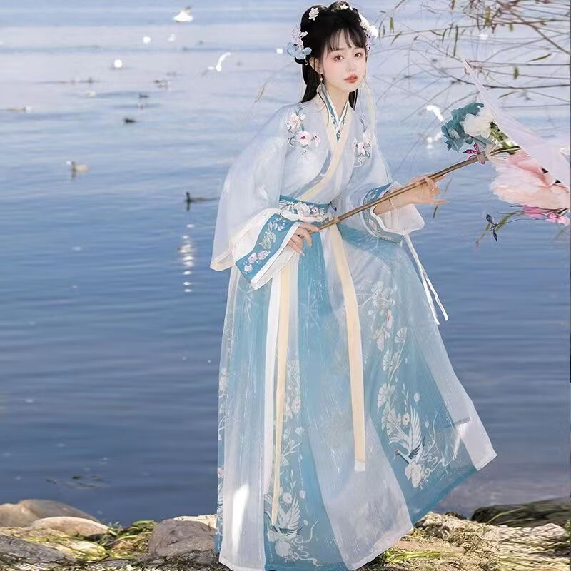 【花间翎】晋制汉服女中国风绣花交领齐腰襦裙日常古装 蓝色鹤云归 s