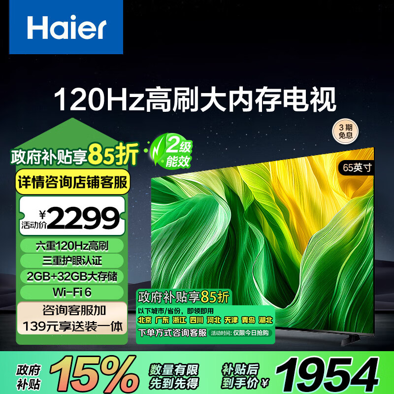 海尔（Haier）【山茶花系列】65H5 65英寸4K超高清120Hz全面屏2+32GB超薄游戏智能电视机北京以旧换新二级能效