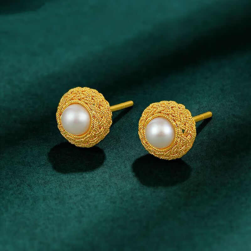 益福顺金镶玉耳钉龙年新款风金色花丝镶嵌女珍珠耳环耳饰配老婆新年