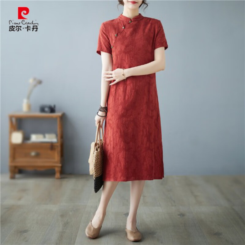 皮爾卡丹（pierre cardin）麻料連衣裙新中式復(fù)古提花棉麻改良旗袍裙女夏季氣質(zhì)顯瘦寬松大碼 紅色 M 參考100斤以下