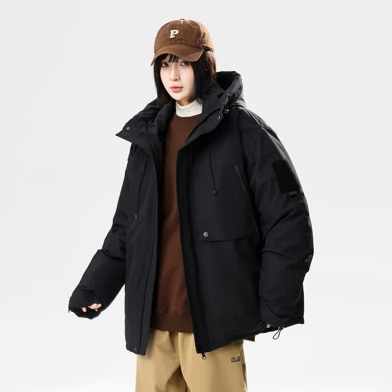 雪中飞新款情侣同休闲时尚连帽羽绒服男女款保暖通勤抽绳连帽 黑色|8056 4XL 190/104A