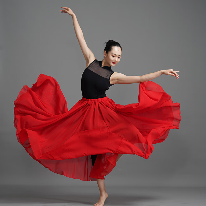 舞半身纱裙新疆舞演出雪纺广场舞练功长裙 红色单层安全裤鞋子二选一