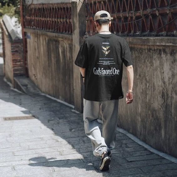 婉齐短袖男纯棉重磅印花320克棉士t恤后背潮流韩版字母宽松体恤生衣服