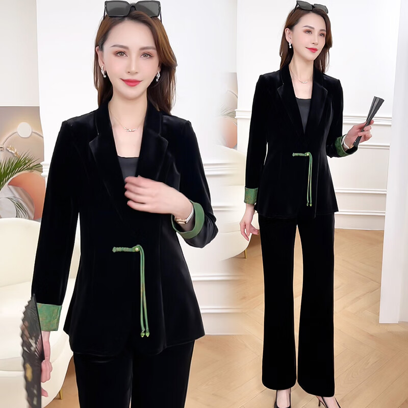 珂璐薇金丝绒西装套装2024新款女春秋高级时尚小个子洋气国风西服两件套 绿色 2XL
