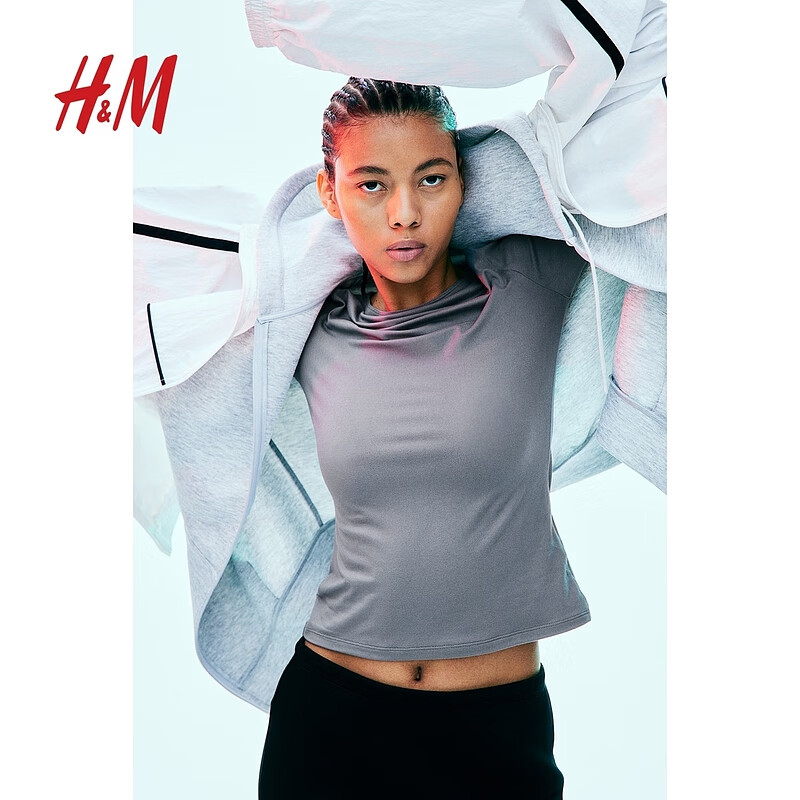 H&M格雷系女装秋季CleanFit简约长袖一字领汗布上衣1209356 奶油色 155/76