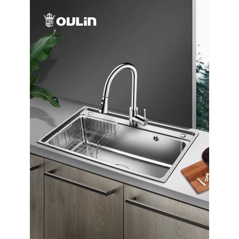 欧琳水槽单槽套餐厨房304不锈钢洗菜盆洗碗槽大单槽水池78470大 60460