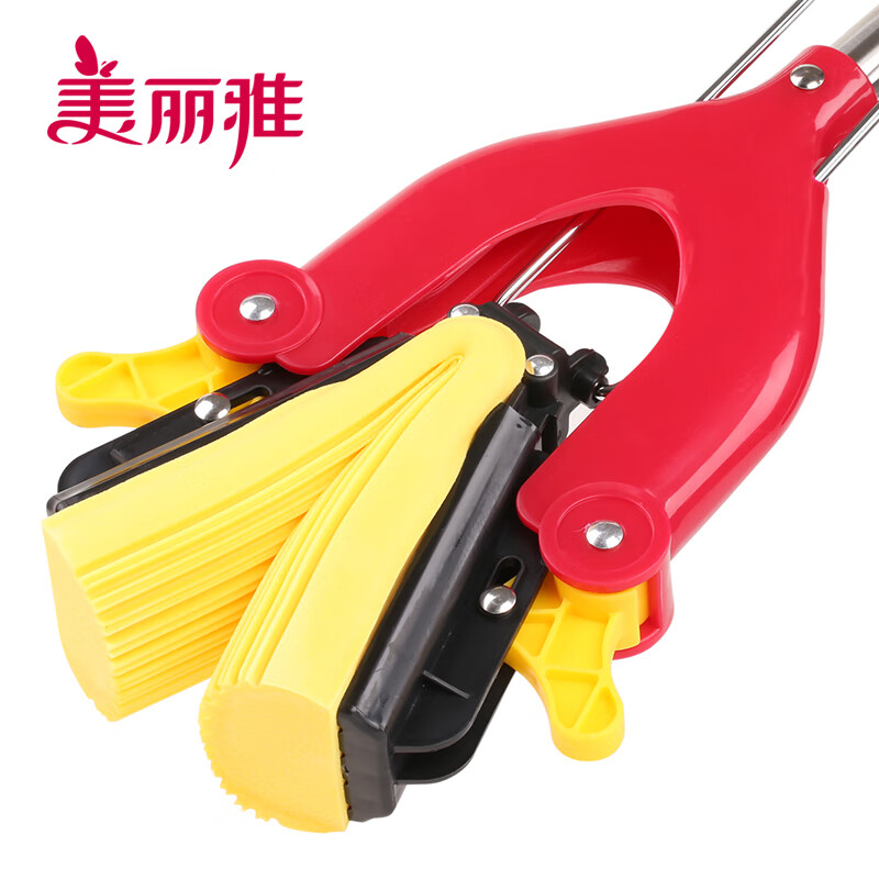 美丽雅对折胶棉地拖家用厨房浴室吸水拖把懒人免手洗墩布拖地神器一拖净 加强杆可伸缩共2拖头28CM