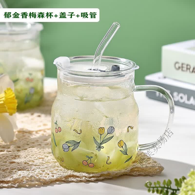 涧冰玻璃吸管杯大容量水杯高颜值冰咖郁金香梅森杯ins杯耐高温高硼硅