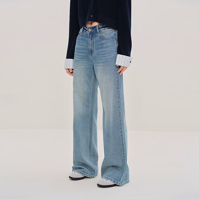 乐町直筒水洗牛仔裤秋季新款纯棉高腰牛仔长裤 淡色牛仔蓝(现货) S