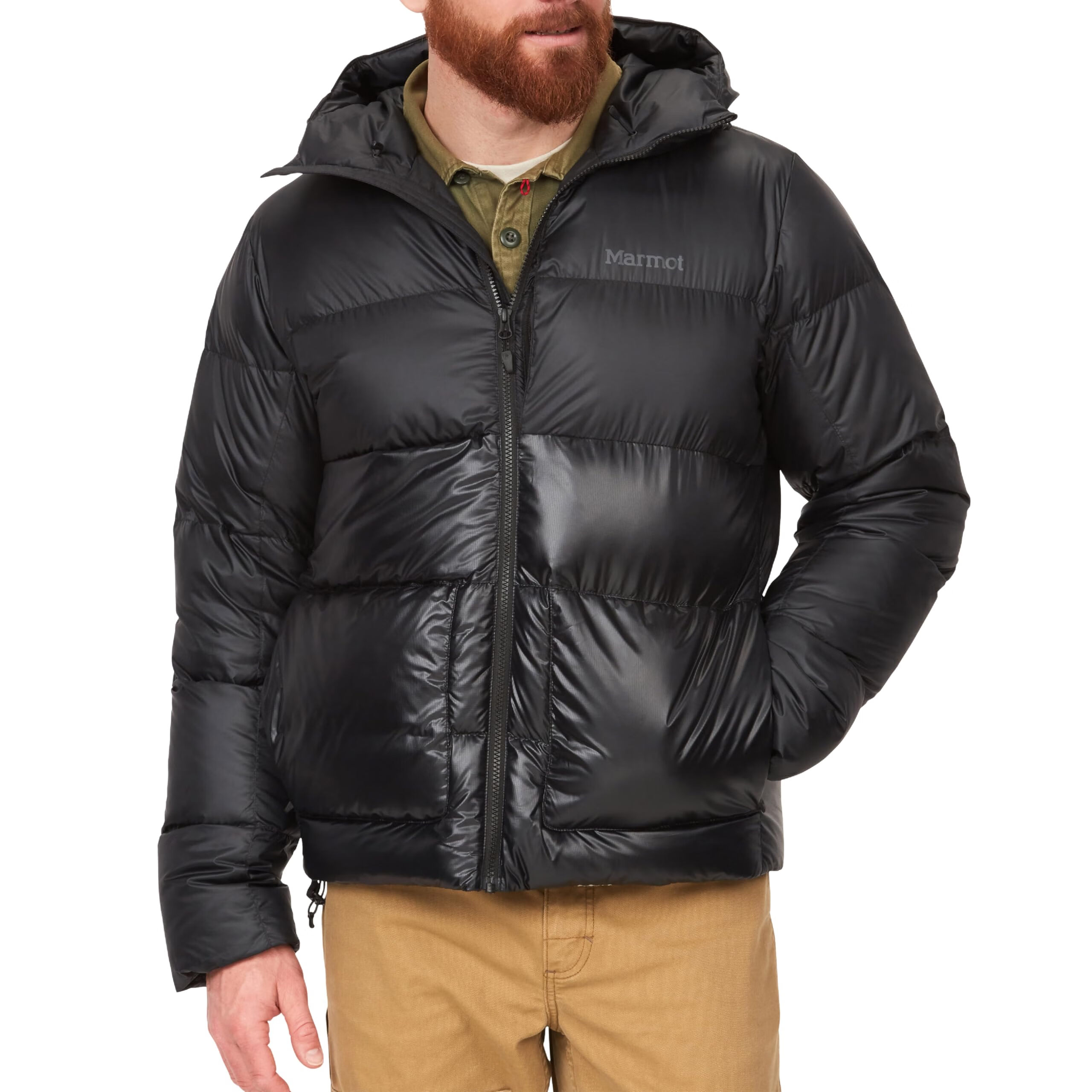 土撥鼠(Marmot) 土撥鼠 男士 700蓬中長款連帽羽絨服 戶外保暖運(yùn)動(dòng)外套 黑色//白色 Large