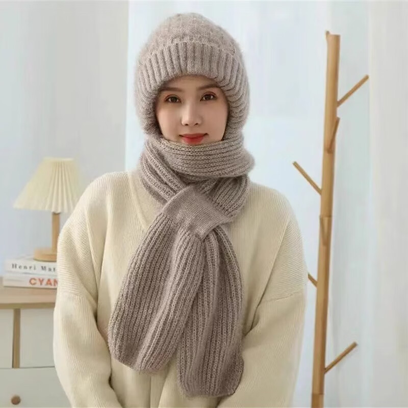 浩冠帽子围巾一体女冬季加绒加厚保暖护耳中老年人帽针织帽毛线帽冬天 燕麦色 均码有弹性