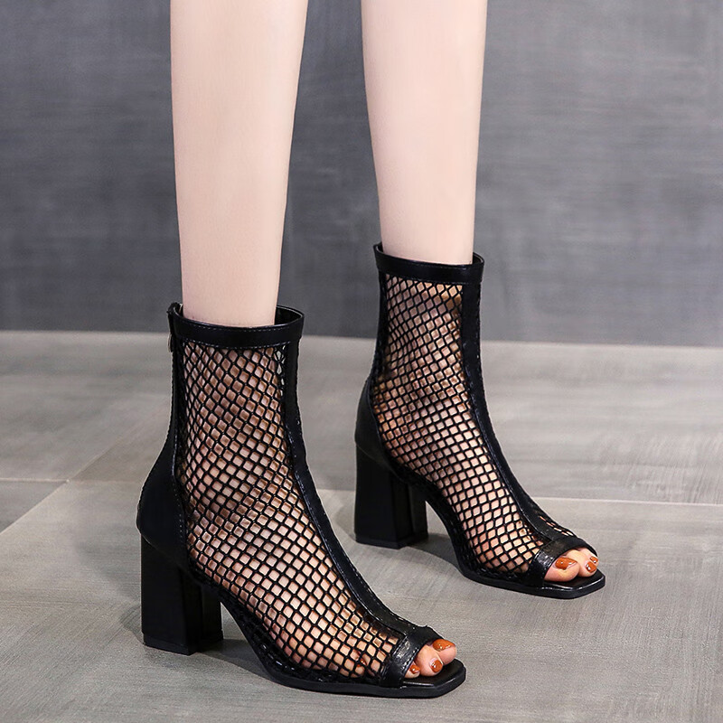 确不凡夏天女网眼高跟凉鞋鱼嘴凉靴女2024夏季镂空网纱透气短靴粗跟
