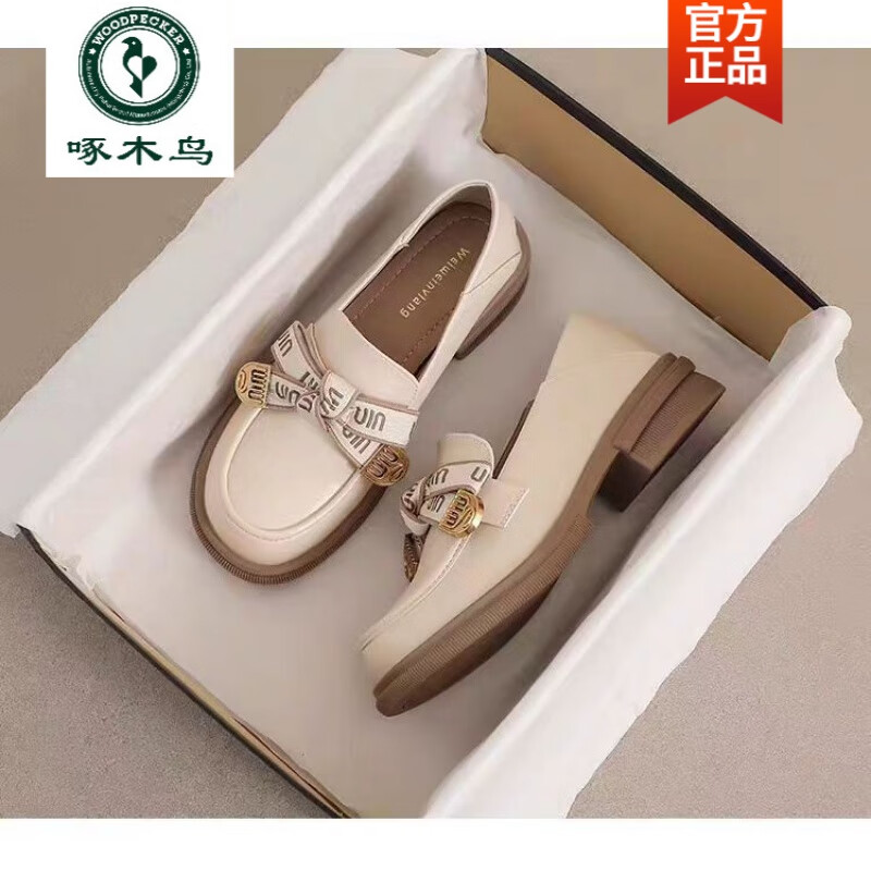 啄木鸟断码特价真皮厚底乐福鞋女2026粗跟蝴蝶结一脚蹬单鞋软底小皮鞋女 黑色 37