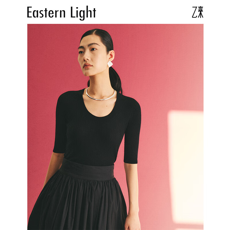 乙来(EASTERN LIGHT)【100%超细美利奴羊毛】高奢短袖打底针织衫女上衣秋季新款 优雅黑 M