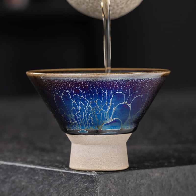 闽北建盏丨建窑名师陈慧忠蓝色妖姬斗笠油滴鹧鸪斑纯手工大号建盏陶瓷