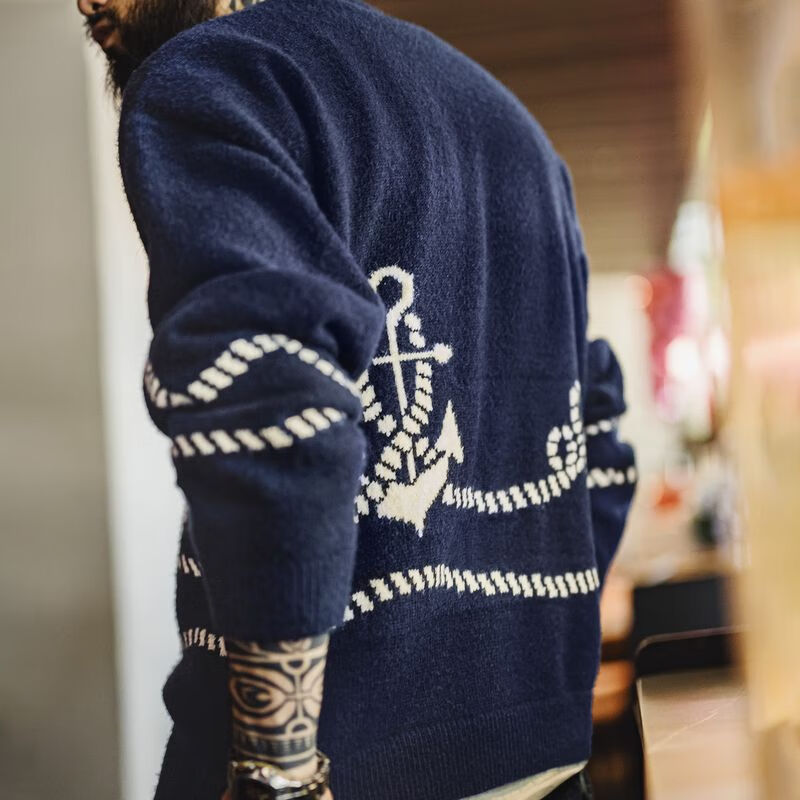 马登工装美式休闲船锚提花毛衣男秋冬内搭加厚男士套头针织衫外套上衣 海军蓝 2XL