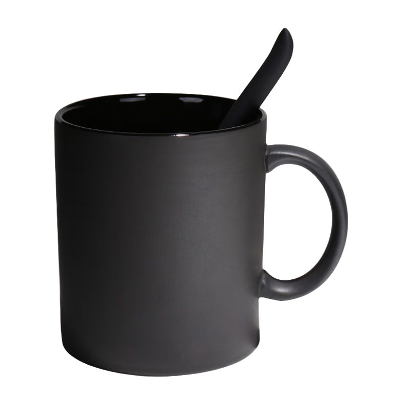 WUNI 无泥 欧式磨砂黑色哑光马克杯带勺盖高档大容量陶瓷水杯子创意咖啡杯 黑色哑光马克杯 配盖勺