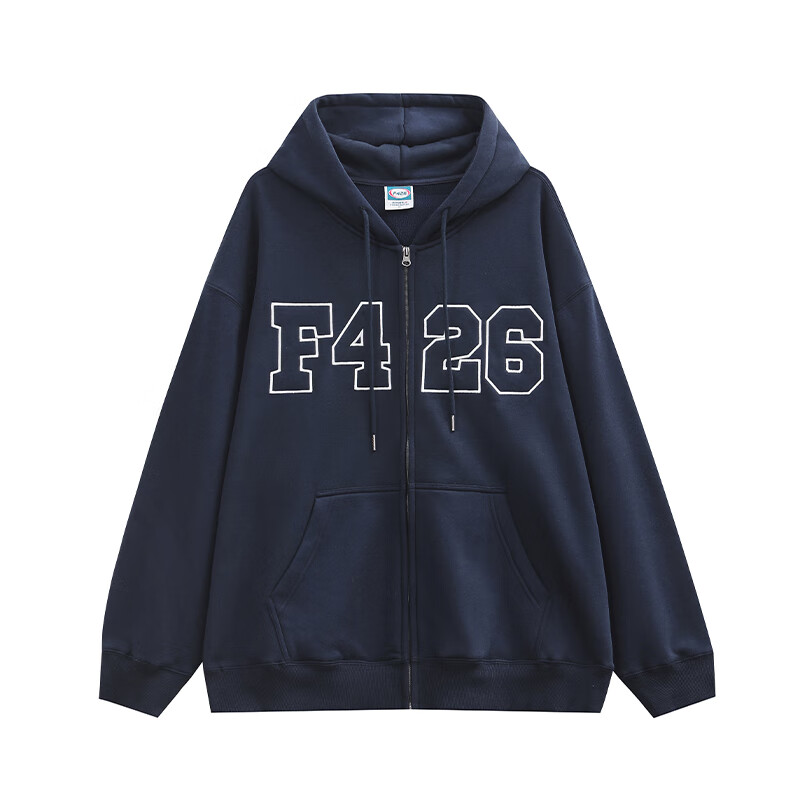 F426国潮牌美式嘻哈宽松大LOGO贴开衫卫衣外套 海军蓝  加绒 M