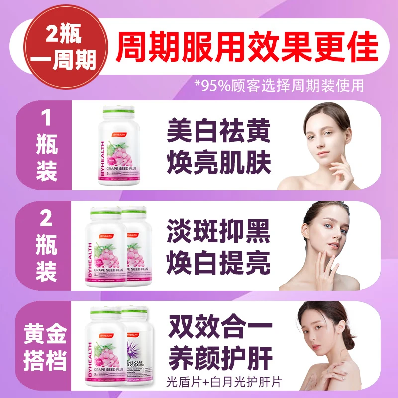 汤臣倍健（BYHEALTH）葡萄籽光盾片烟酰胺片抗氧化去黄美白维生素c美容养颜抗衰老 120粒葡萄籽+120粒女肝【延缓衰老】