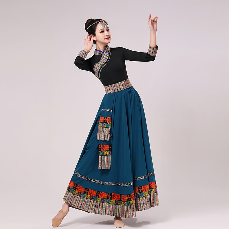 兔嵐藏族舞蹈服裝女高級(jí)感演出女成人藝考廣場舞套裝大擺半身長裙西藏 （頭飾黑色上衣+360度孔雀藍(lán)裙子 2XL