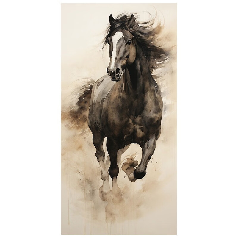 纯手绘油画新中式玄关装饰画客厅书房丙烯动物肌理画挂画 骏马奔腾