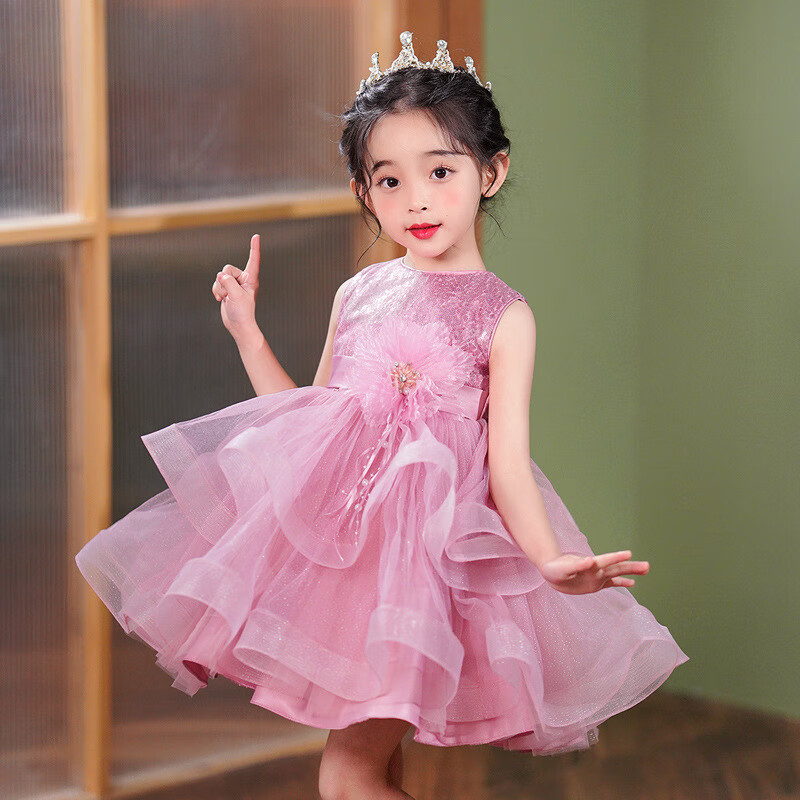 新款儿童周岁礼服花童公主蓬蓬裙女孩高端亮片走秀舞台表演服 豆粉色