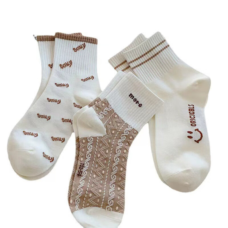 莫代尔袜子女日系保暖秋季中筒袜学生潮流简约笑脸女袜 日系笑脸袜10双装 均码 35-39码