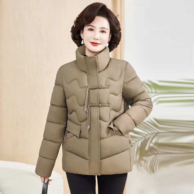 榕欣中年媽媽裝冬季棉服50歲中老年女裝保暖洋氣棉衣外套盤口立領棉服 卡其 4XL 建議體重125-140d