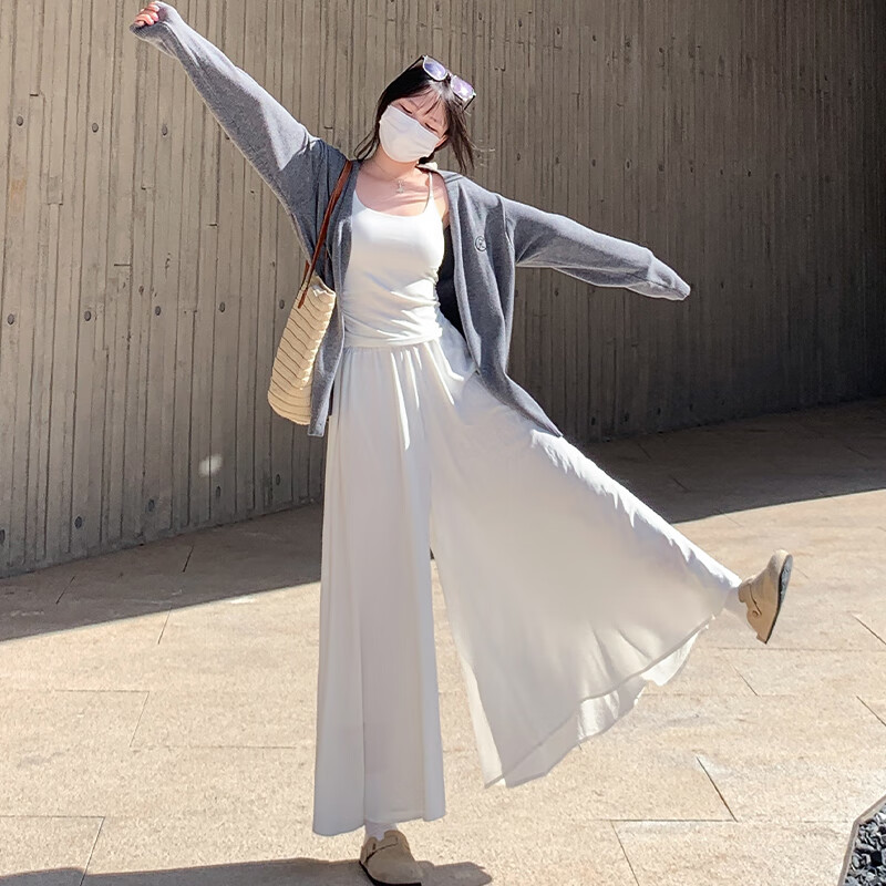 翊尚美裙裤女夏季新款休闲阔腿裤女士高腰半身a字学生显瘦遮胯薄款裤子 优雅白色【冰凉有内衬】 M 【适合96-110斤】