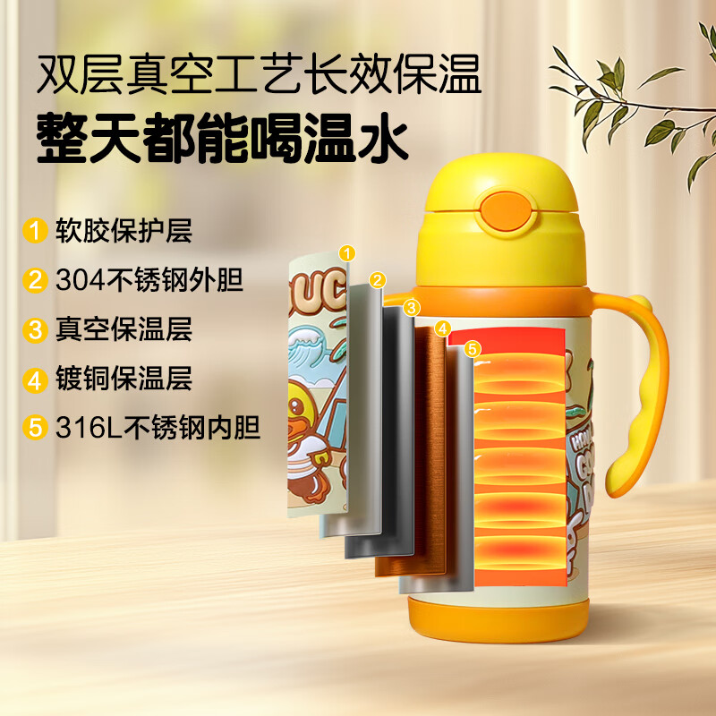 B.Duck小黄鸭儿童保温杯吸管杯316不锈钢儿童保温水杯婴幼儿保温杯 黄色 420ml