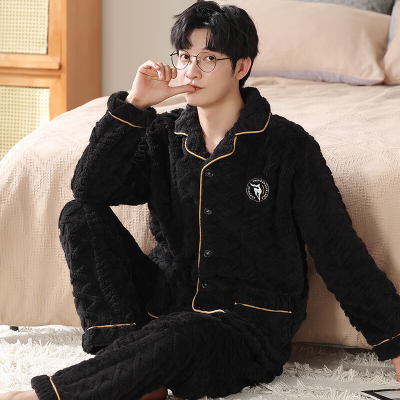 芬腾可安法兰绒秋冬季新品睡衣男士开衫加厚保暖珊瑚绒家居服套装