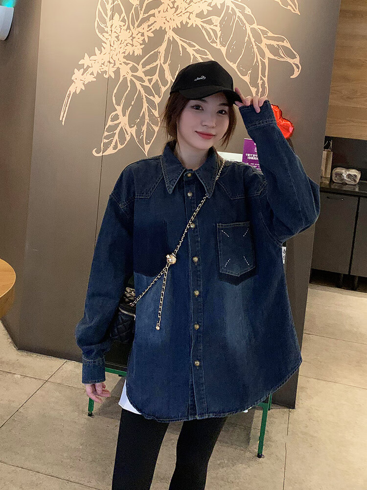 大唐喜乐牛大码牛仔衬衫外套女设计感小众宽松复古港味别致春秋内搭叠