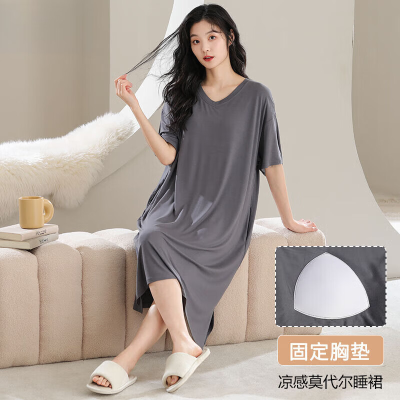 莫代尔套头睡衣女款夏天自带胸垫睡裙女夏季新款中长款可外穿短袖家居服 34M22351 L 建议100-115斤 现货现发