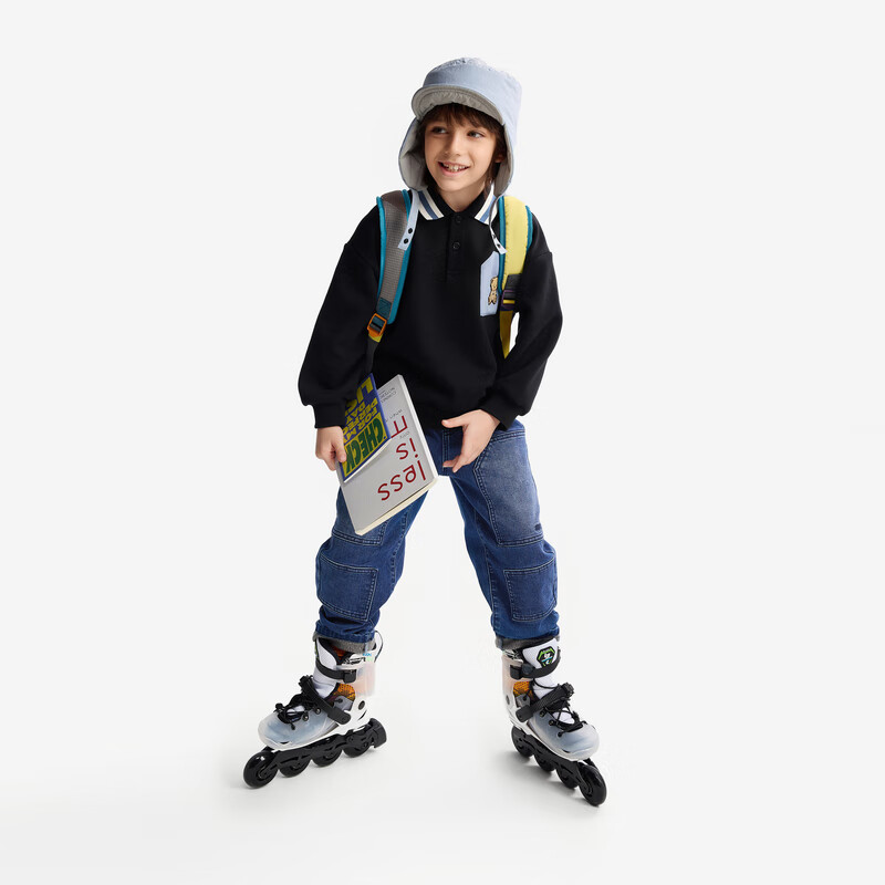 MQD男童polo领加绒卫衣黑色/牛油果色